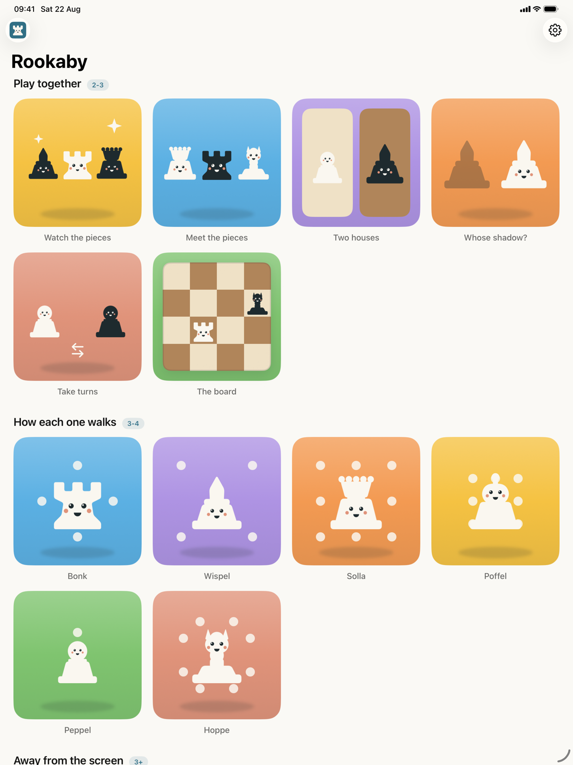 Rookaby on iPad: the shelf of activities, grouped by age